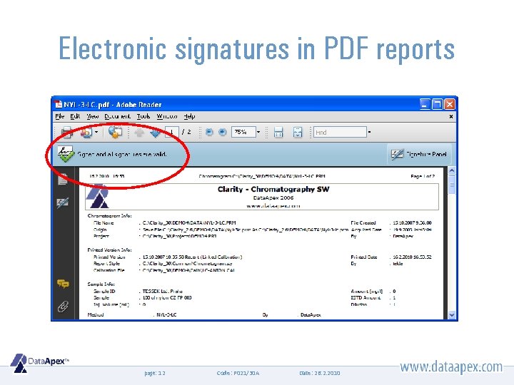 Electronic signatures in PDF reports page: 12 Code: P 021/30 A Date: 26. 2.