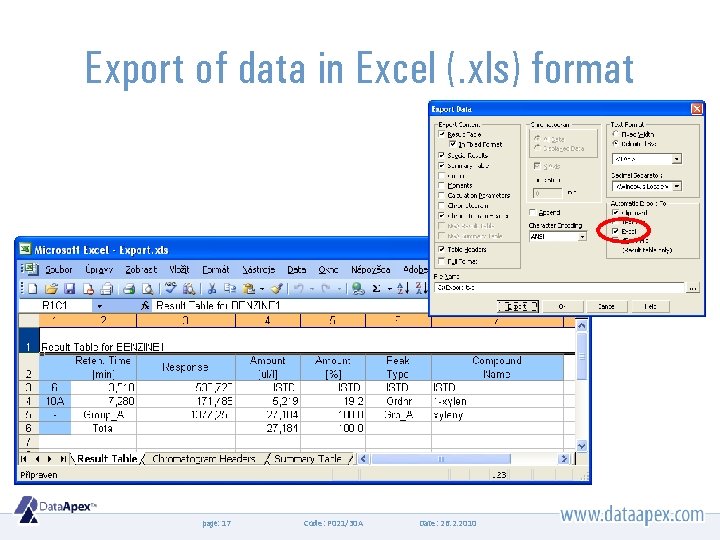 Export of data in Excel (. xls) format page: 17 Code: P 021/30 A