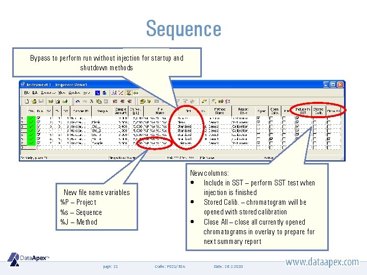 Sequence Bypass to perform run without injection for startup and shutdown methods New columns: