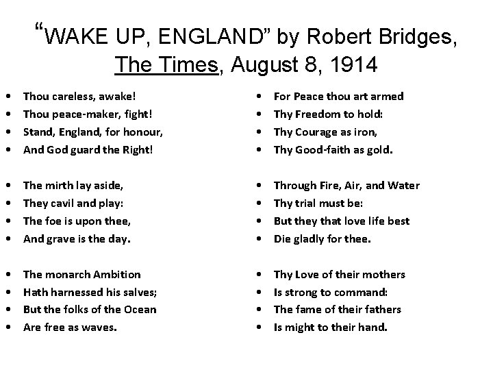 “WAKE UP, ENGLAND” by Robert Bridges, The Times, August 8, 1914 • • Thou