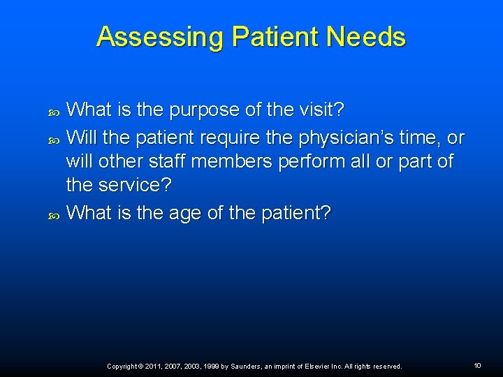 Assessing Patient Needs What is the purpose of the visit? Will the patient require Assessing Patient Needs What is the purpose of the visit? Will the patient require