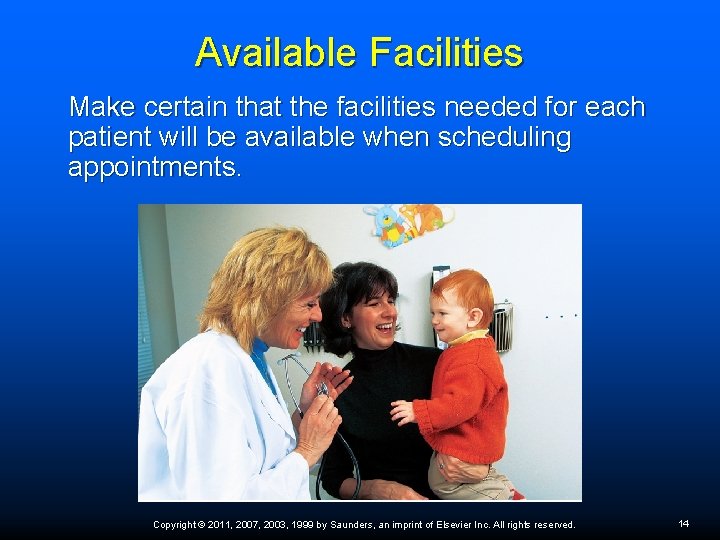 Available Facilities Make certain that the facilities needed for each patient will be available Available Facilities Make certain that the facilities needed for each patient will be available