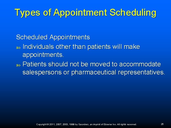 Types of Appointment Scheduling Scheduled Appointments Individuals other than patients will make appointments. Patients Types of Appointment Scheduling Scheduled Appointments Individuals other than patients will make appointments. Patients