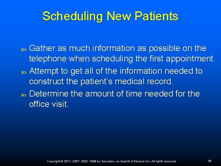 Scheduling New Patients Gather as much information as possible on the telephone when scheduling Scheduling New Patients Gather as much information as possible on the telephone when scheduling