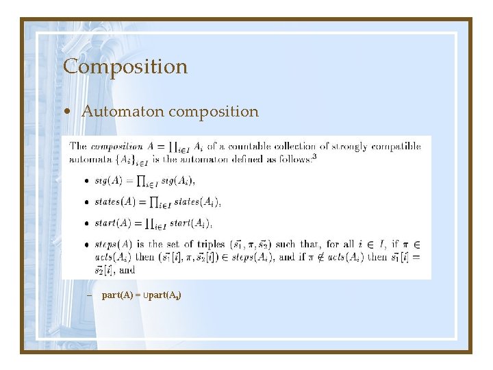 Composition • Automaton composition – part(A) = ∪part(Ai) 