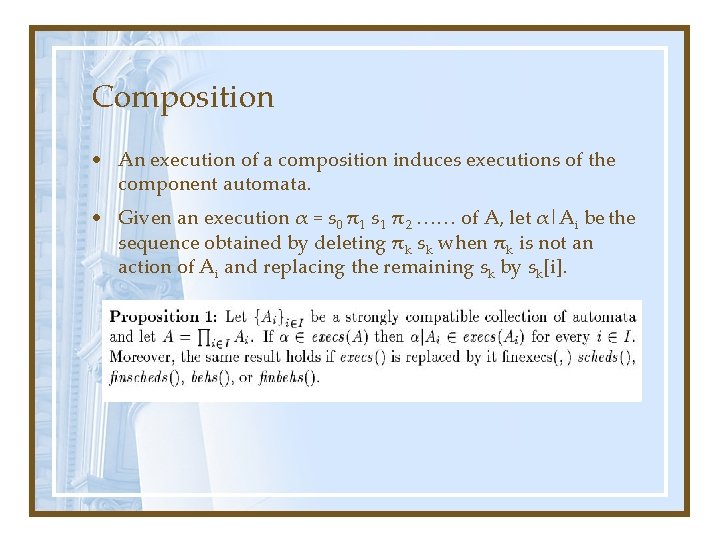 Composition • An execution of a composition induces executions of the component automata. •