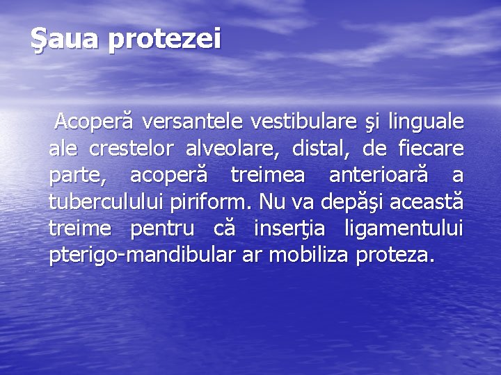 Şaua protezei Acoperă versantele vestibulare şi linguale crestelor alveolare, distal, de fiecare parte, acoperă