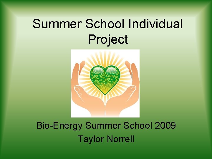 Summer School Individual Project Bio-Energy Summer School 2009 Taylor Norrell 