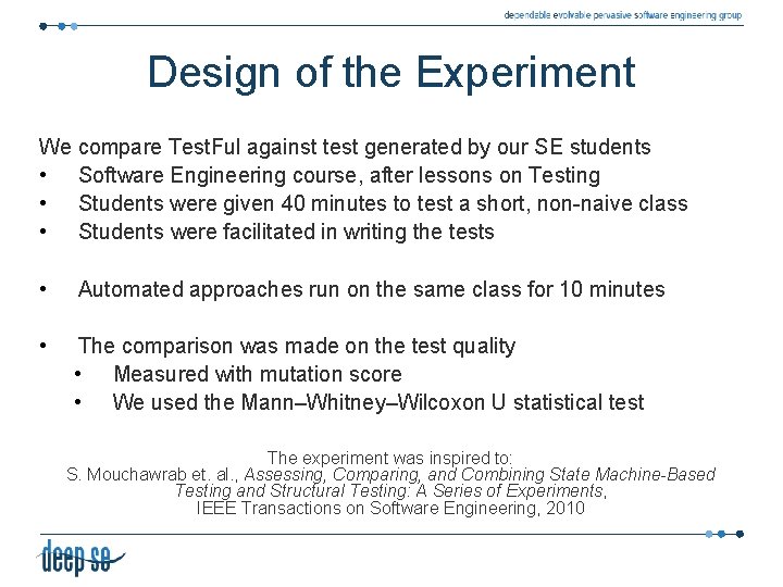 Design of the Experiment We compare Test. Ful against test generated by our SE Design of the Experiment We compare Test. Ful against test generated by our SE