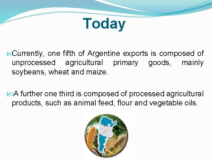 Today Currently, one fifth of Argentine exports is composed of unprocessed agricultural primary goods,