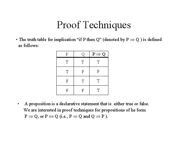 Proof Techniques • The truth table for implication “if P then Q” (denoted by