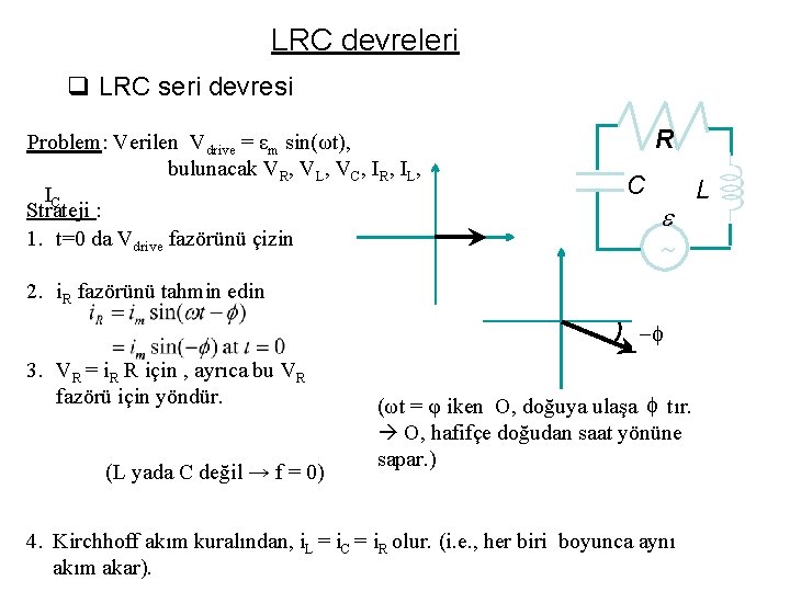 LRC devreleri q LRC seri devresi Problem: Verilen Vdrive = εm sin(ωt), bulunacak VR,