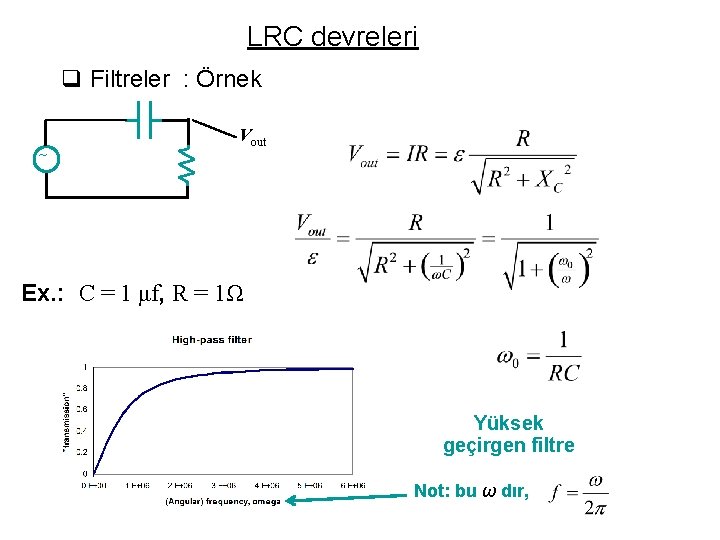 LRC devreleri q Filtreler : Örnek ~ Vout Ex. : C = 1 μf,