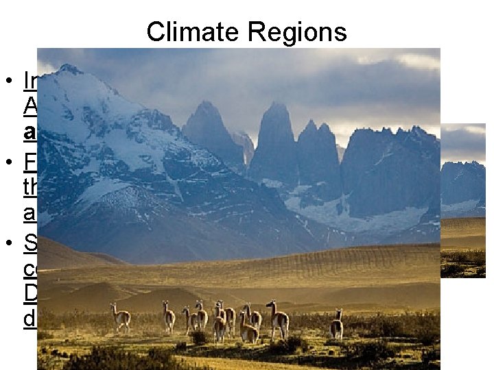 Climate Regions • In southern South America, the climate turns arid (dry. ) •