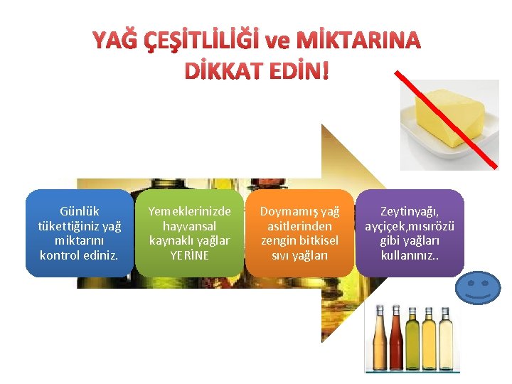 YAĞ ÇEŞİTLİLİĞİ ve MİKTARINA DİKKAT EDİN! Günlük tükettiğiniz yağ miktarını kontrol ediniz. Yemeklerinizde hayvansal