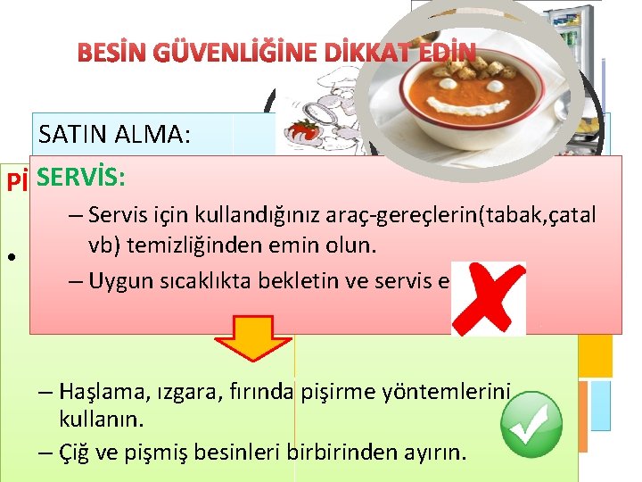 BESİN GÜVENLİĞİNE DİKKAT EDİN SATIN ALMA: Satın alma SERVİS: PİŞİRME: DEPOLAMA: – HAZIRLAMA: Servis