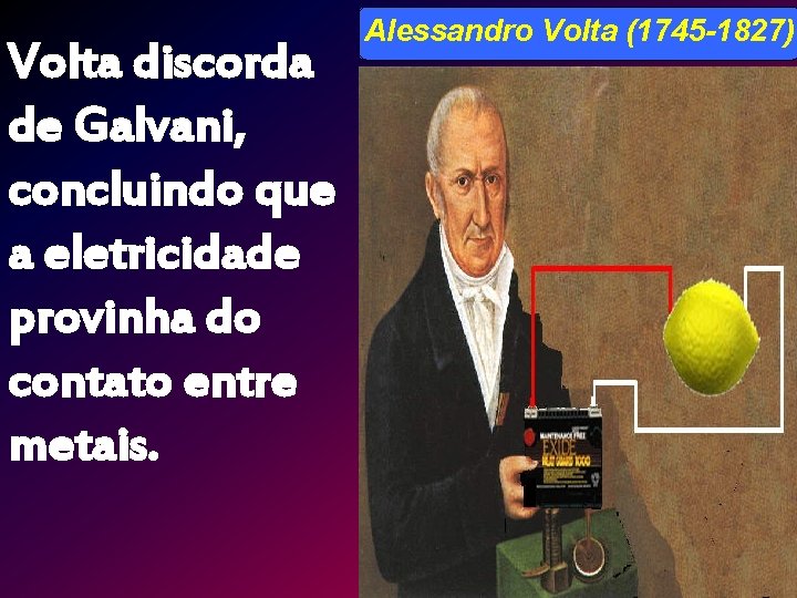 Volta discorda de Galvani, concluindo que a eletricidade provinha do contato entre metais. Alessandro
