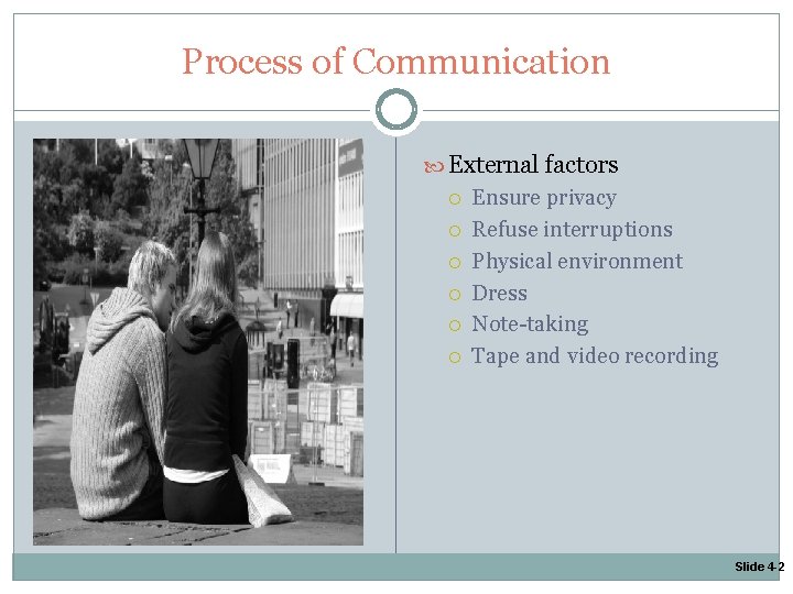 The Interview Process of Communication External factors Ensure privacy Refuse interruptions Physical environment Dress