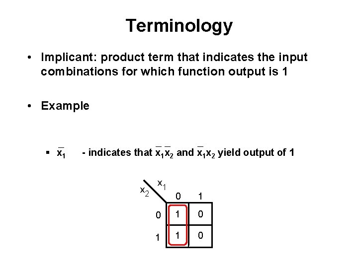 Terminology • Implicant: product term that indicates the input combinations for which function output