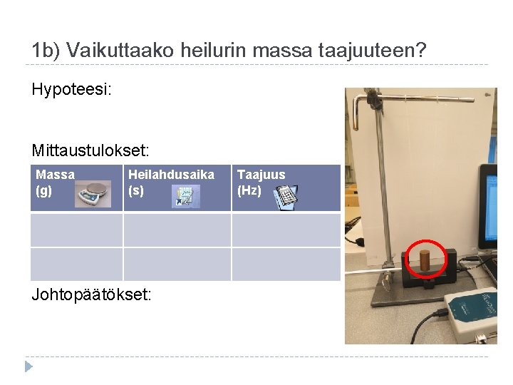 1 b) Vaikuttaako heilurin massa taajuuteen? Hypoteesi: Mittaustulokset: Massa (g) Heilahdusaika (s) Johtopäätökset: Taajuus