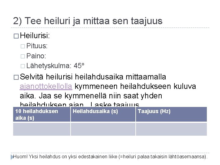 2) Tee heiluri ja mittaa sen taajuus � Heilurisi: � Pituus: � Paino: �