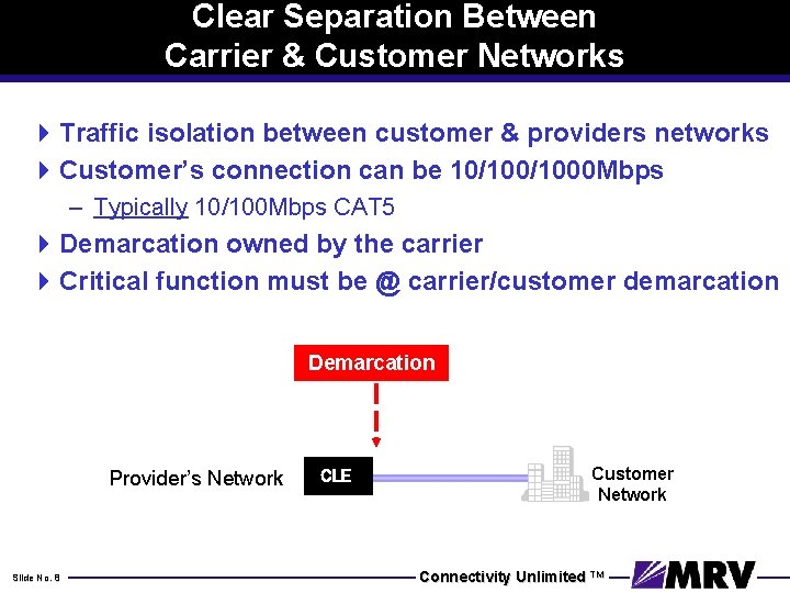 Clear Separation Between Carrier & Customer Networks 4 Traffic isolation between customer & providers