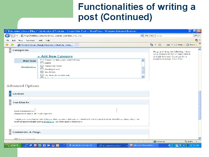 Functionalities of writing a post (Continued) 