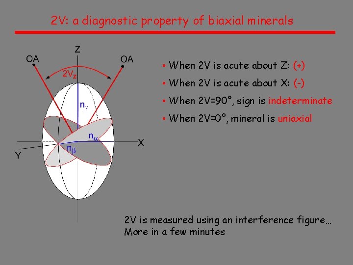 2 V: a diagnostic property of biaxial minerals • When 2 V is acute