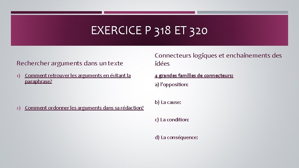 EXERCICE P 318 ET 320 Recher arguments dans un texte Connecteurs logiques et enchainements