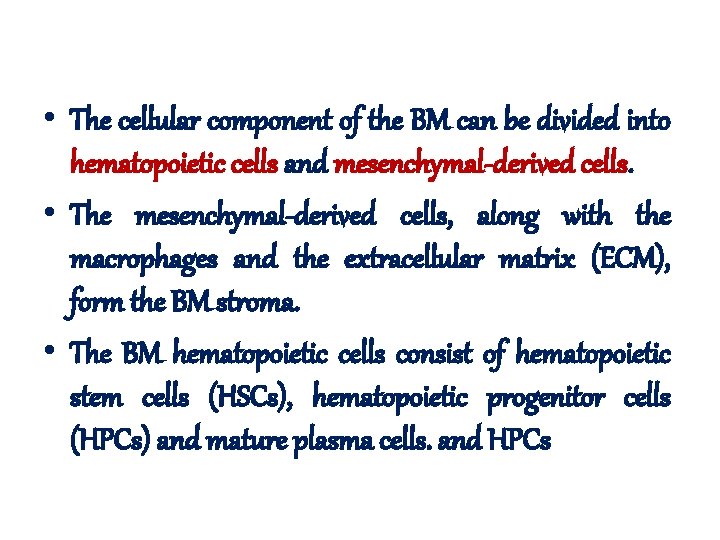  • The cellular component of the BM can be divided into hematopoietic cells