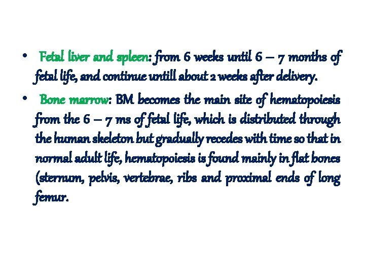 • Fetal liver and spleen: from 6 weeks until 6 – 7 months • Fetal liver and spleen: from 6 weeks until 6 – 7 months