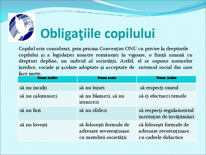 Obligaţiile copilului Copilul este considerat, prin prisma Convenţiei ONU cu privire la drepturile copilului