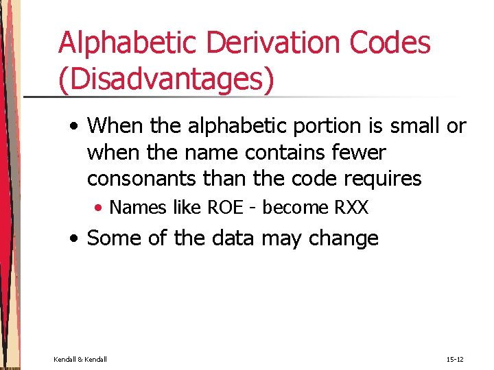 Alphabetic Derivation Codes (Disadvantages) • When the alphabetic portion is small or when the Alphabetic Derivation Codes (Disadvantages) • When the alphabetic portion is small or when the