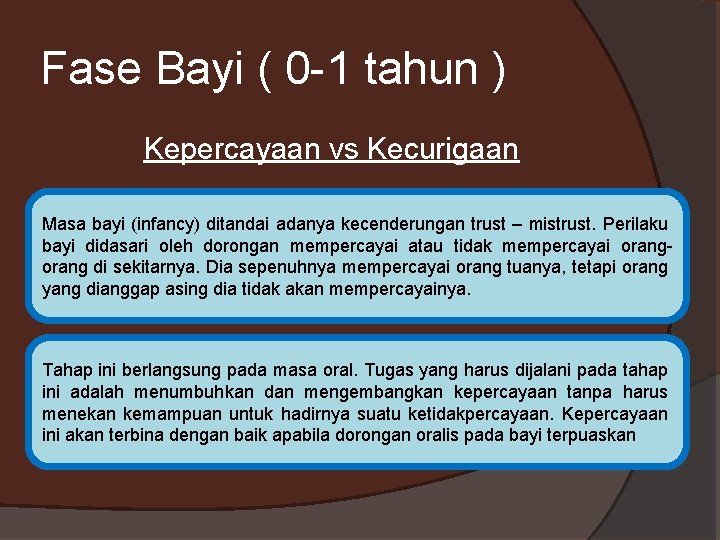 Fase Bayi ( 0 -1 tahun ) Kepercayaan vs Kecurigaan Masa bayi (infancy) ditandai