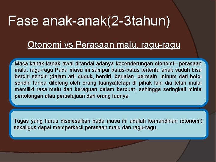 Fase anak-anak(2 -3 tahun) Otonomi vs Perasaan malu, ragu-ragu Masa kanak-kanak awal ditandai adanya