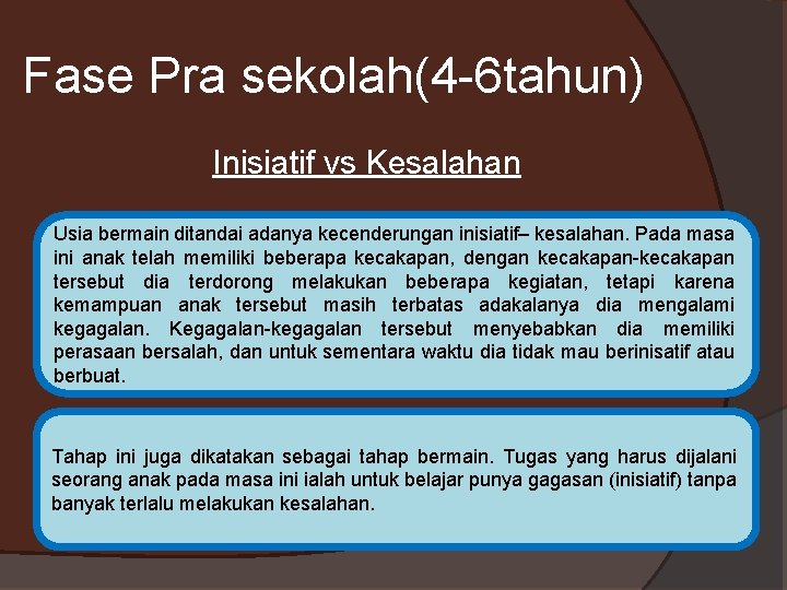 Fase Pra sekolah(4 -6 tahun) Inisiatif vs Kesalahan Usia bermain ditandai adanya kecenderungan inisiatif–