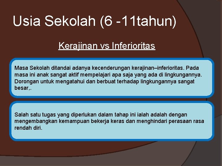 Usia Sekolah (6 -11 tahun) Kerajinan vs Inferioritas Masa Sekolah ditandai adanya kecenderungan kerajinan–inferioritas.