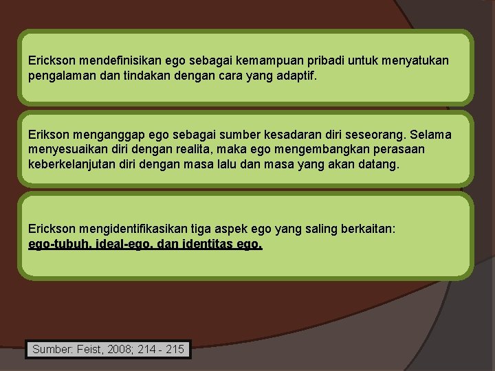  Erickson mendefinisikan ego sebagai kemampuan pribadi untuk menyatukan pengalaman dan tindakan dengan cara