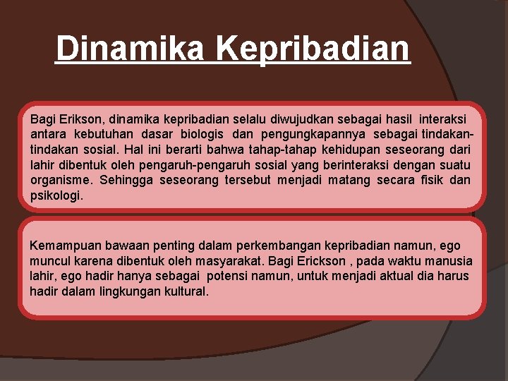 Dinamika Kepribadian Bagi Erikson, dinamika kepribadian selalu diwujudkan sebagai hasil interaksi antara kebutuhan dasar