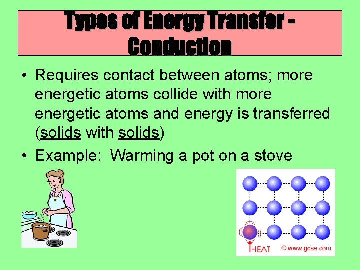 Types of Energy Transfer Conduction • Requires contact between atoms; more energetic atoms collide Types of Energy Transfer Conduction • Requires contact between atoms; more energetic atoms collide