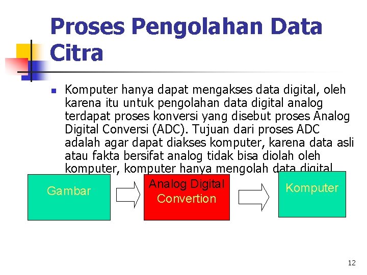 Proses Pengolahan Data Citra Komputer hanya dapat mengakses data digital, oleh karena itu untuk