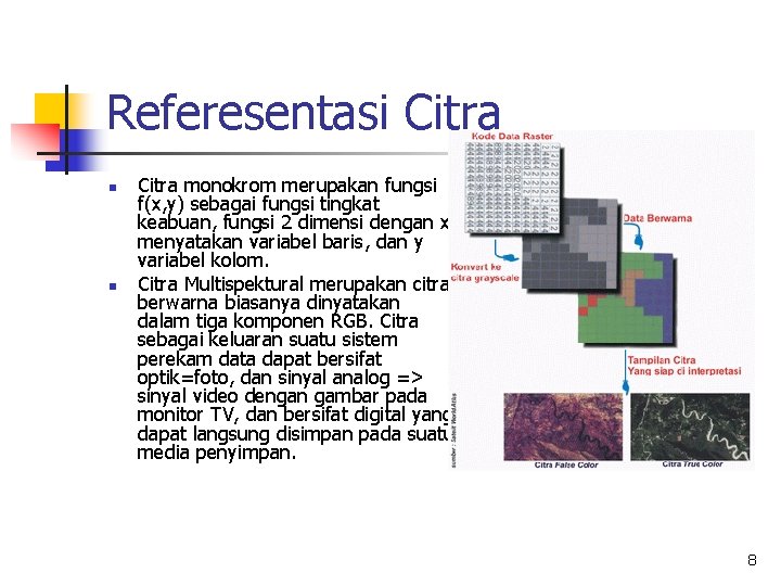 Referesentasi Citra n n Citra monokrom merupakan fungsi f(x, y) sebagai fungsi tingkat keabuan,