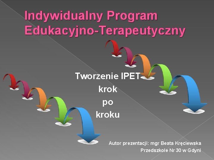 Indywidualny Program Edukacyjno-Terapeutyczny Tworzenie IPET krok po kroku Autor prezentacji: mgr Beata Kręciewska Przedszkole