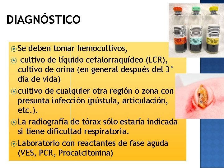 DIAGNÓSTICO ⦿ Se deben tomar hemocultivos, ⦿ cultivo de líquido cefalorraquídeo (LCR), cultivo de