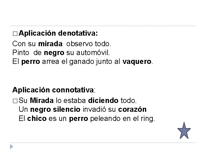 � Aplicación denotativa: Con su mirada observo todo. Pinto de negro su automóvil. El