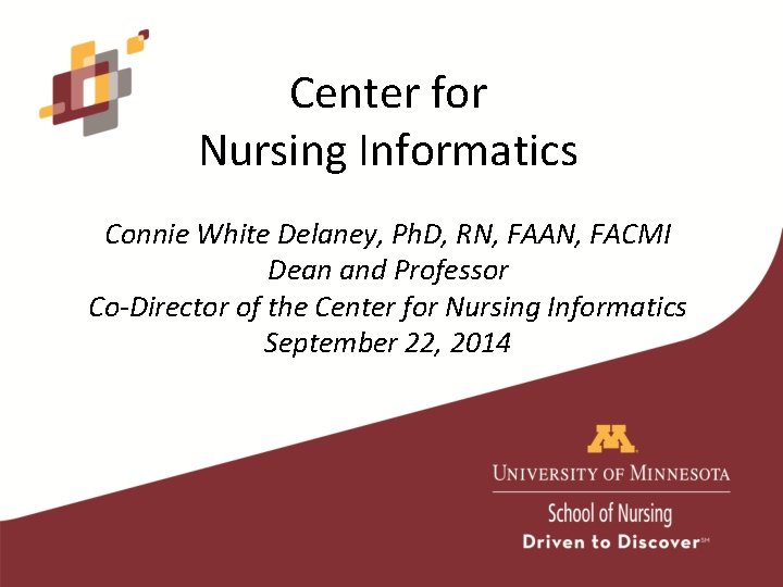 Center for Nursing Informatics Connie White Delaney, Ph. D, RN, FAAN, FACMI Dean and