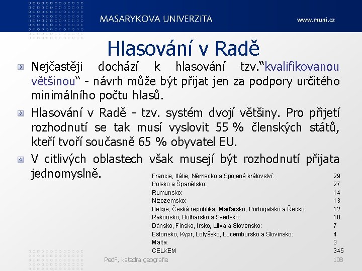 Hlasování v Radě Nejčastěji dochází k hlasování tzv. “kvalifikovanou většinou“ - návrh může být