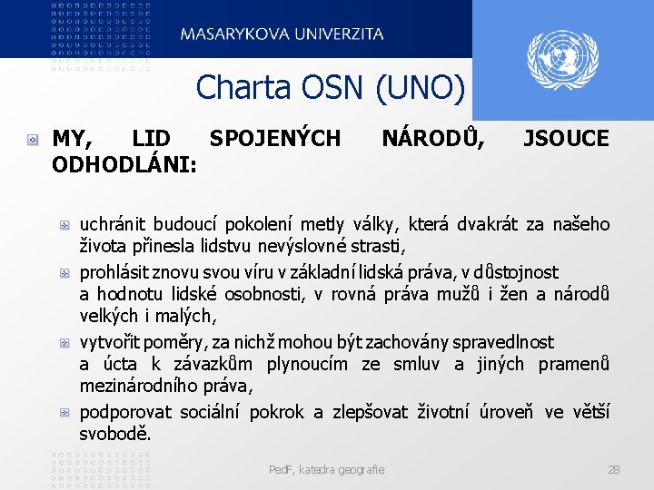 Charta OSN (UNO) MY, LID SPOJENÝCH ODHODLÁNI: NÁRODŮ, JSOUCE uchránit budoucí pokolení metly války,