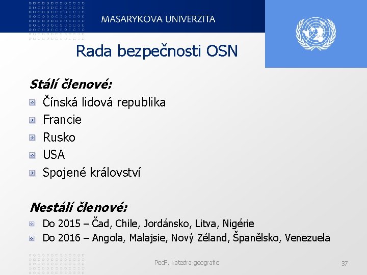 Rada bezpečnosti OSN Stálí členové: Čínská lidová republika Francie Rusko USA Spojené království Nestálí