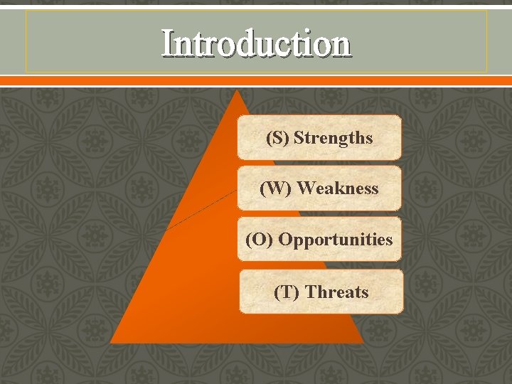 Introduction (S) Strengths (W) Weakness (O) Opportunities (T) Threats 